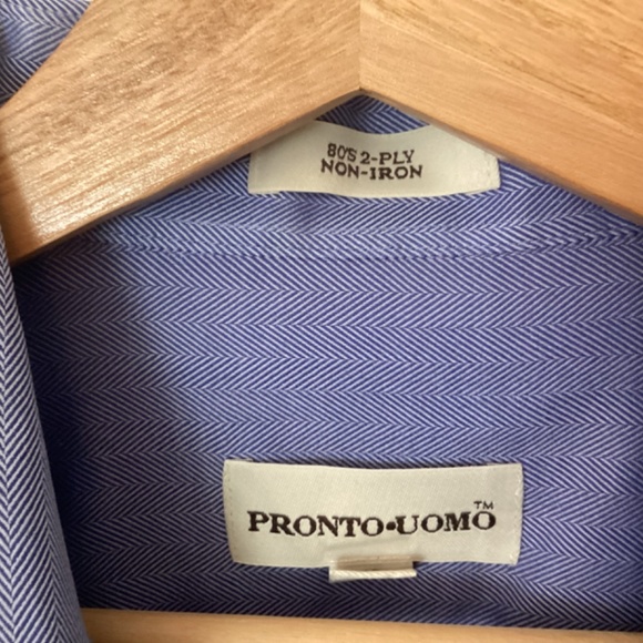 Pronto Uomo 80’s 2ply Cotton Men's 16 32/33 Blue Herringbone Shirt Non-iron Flaw - Picture 3 of 11